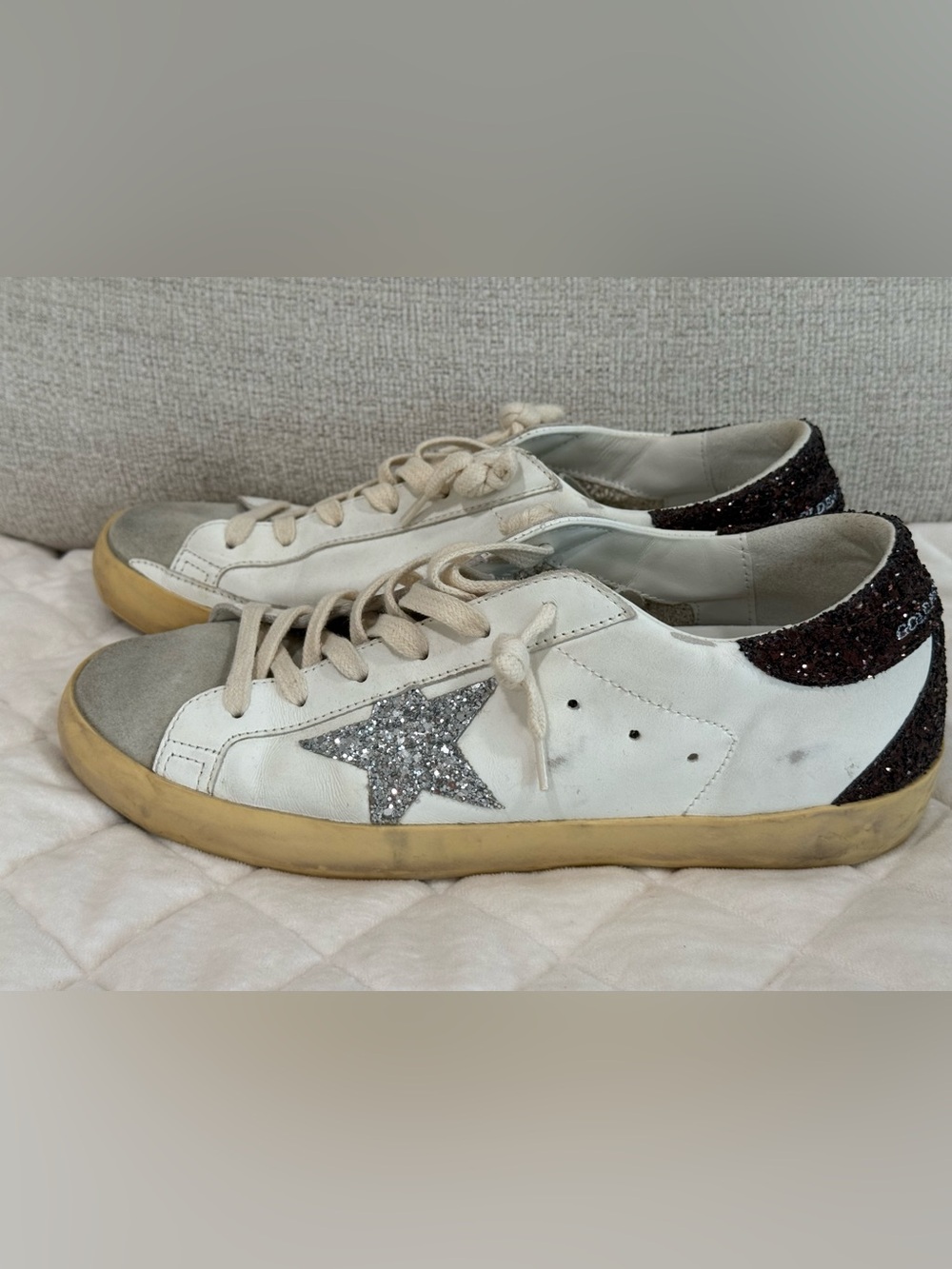 Golden Goose White Leather Sneakers with Silver Star and Brown Glitter Heel